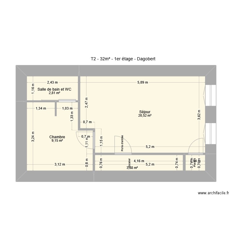 Plan 1e étage - T2 35m² - Perpi - dagobert. Plan de 4 pièces et 36 m2