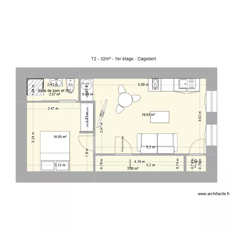 Plan 1e &eacute;tage - T2 35m&sup2; - Perpi - dagobert. Plan de 0 pièce et 0 m2