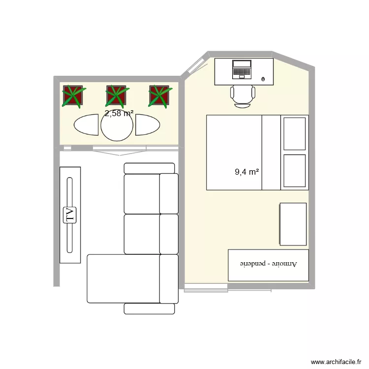 Patarge salon et chambre 19. Plan de 2  et 12 m²