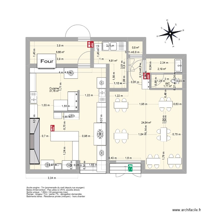 La creperie. Plan de 7 pièces et 72 m2