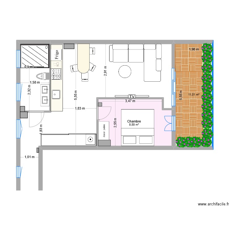 guiglia. Plan de 2 pièces et 21 m2