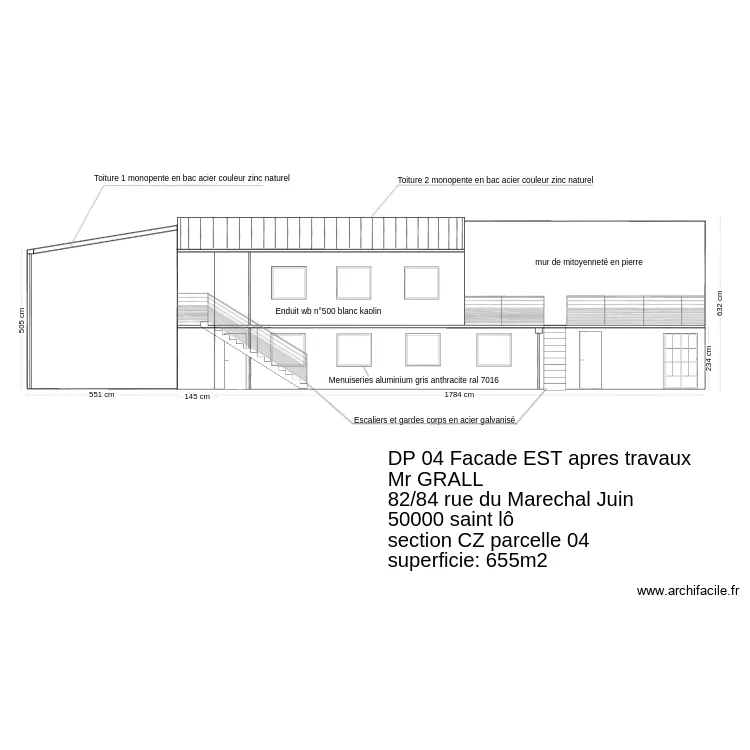 facade est apres travaux. Plan de 