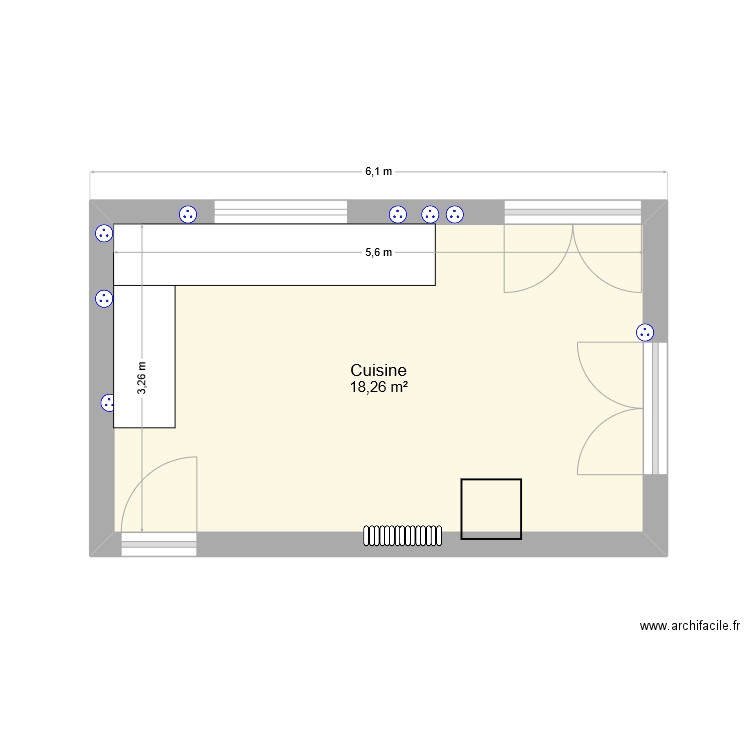 Cuisine vide. Plan de 1 pièce et 18 m2