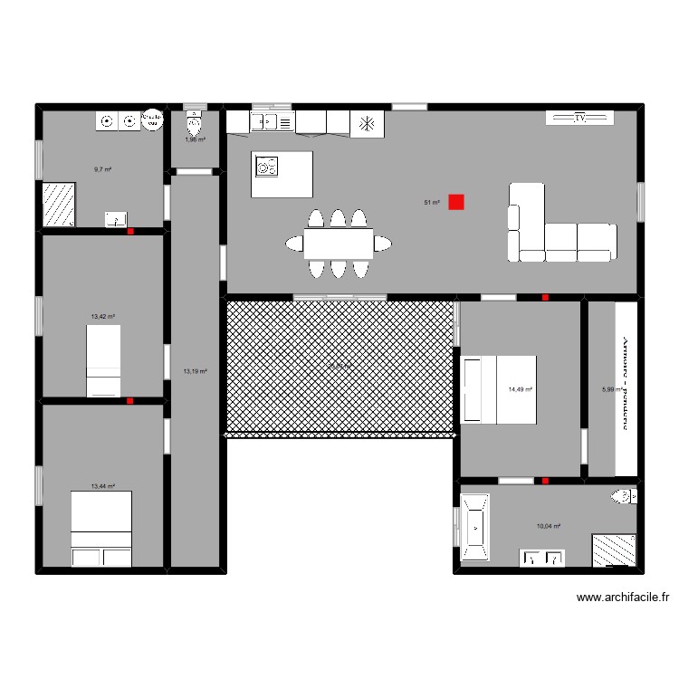 Maison en U. Plan de 10 pièces et 153 m2