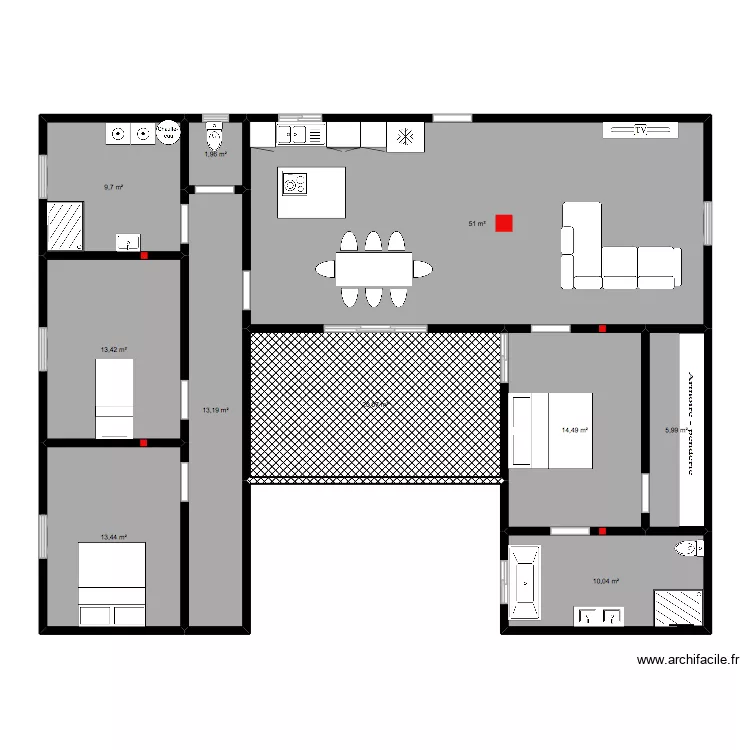 Maison en U. Plan de 10 pièces et 153 m² Maison en U. Plan de 10 pièces et 153 m²