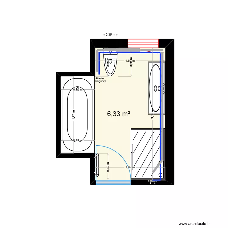 Martel - Salle de bain. Plan de 1  et 6 m²