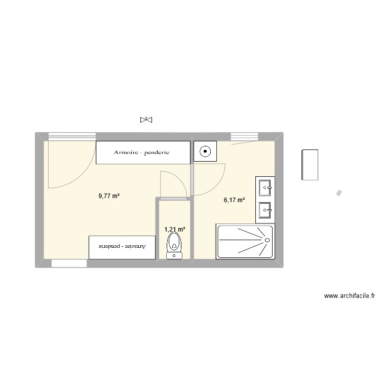entréé SDB. Plan de 3 pièces et 17 m2