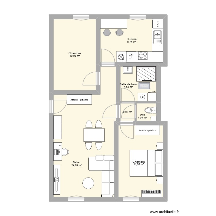 Appartement 39 Carvès sans mur. Plan de 7 pièces et 63 m2