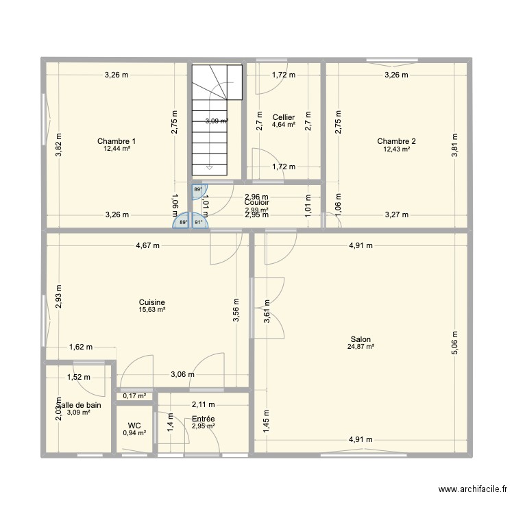 Plan aux côtes RG. Plan de 11 pièces et 83 m2