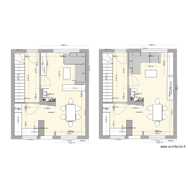 Salon 2 versions. Plan de 2 pièces et 71 m2