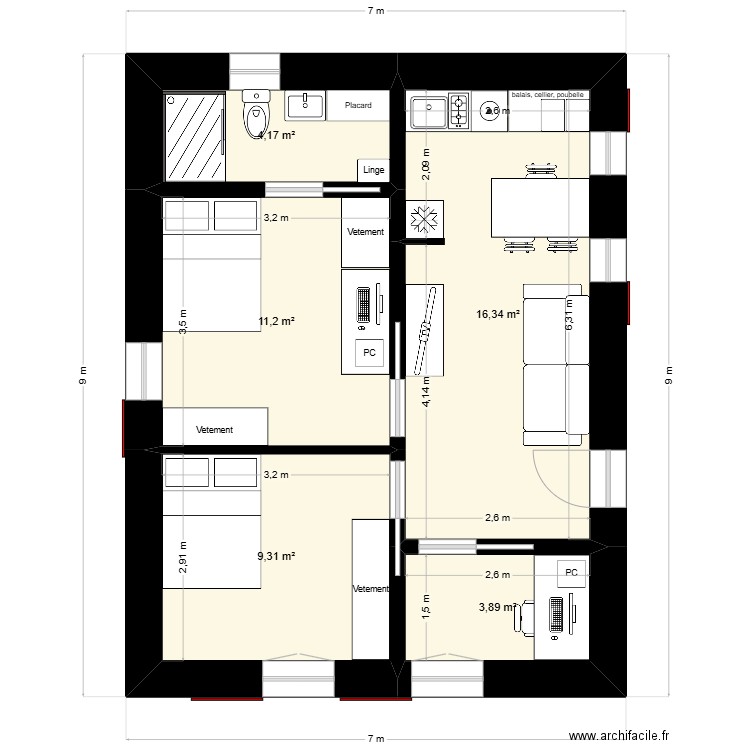 Plan 2. Plan de 5 pièces et 45 m2