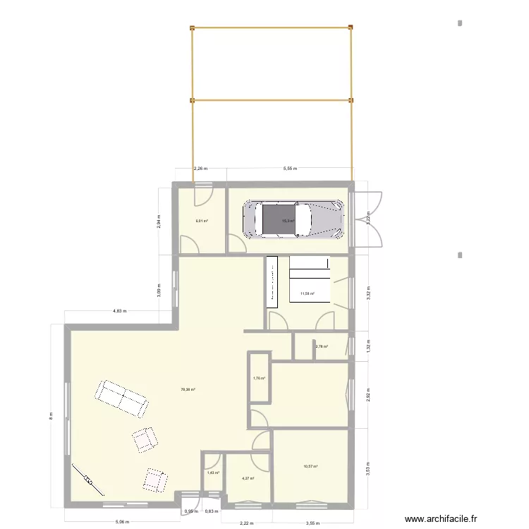 Bleu. Plan de 9  et 132 m²