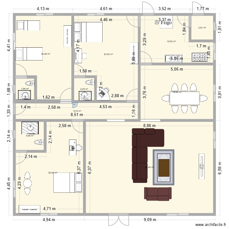 construction de trois chanbre. Plan de 11 pièces et 179 m2