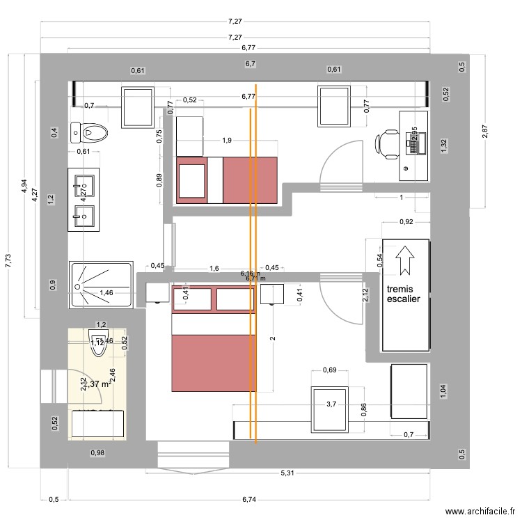 bureau étage plan masse. meublé. Plan de 1 pièce et 2 m2
