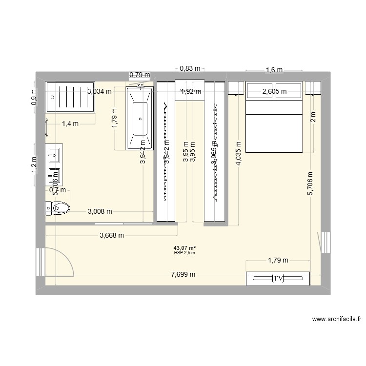 plan chambre parentale M jp. Plan de 1 pièce et 43 m2