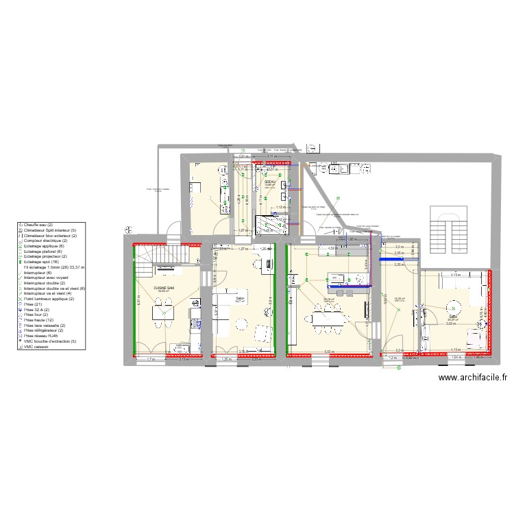 Logement 1 bis avec cuisine sur mur en fond. Plan de 6 pièces et 140 m2