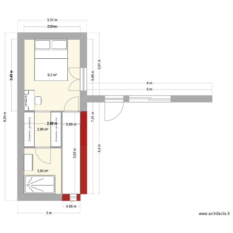 chamb. Plan de 3 pièces et 16 m2