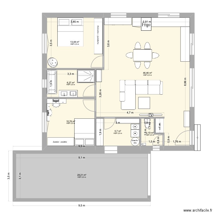 mais + garage. Plan de 7 pièces et 113 m2
