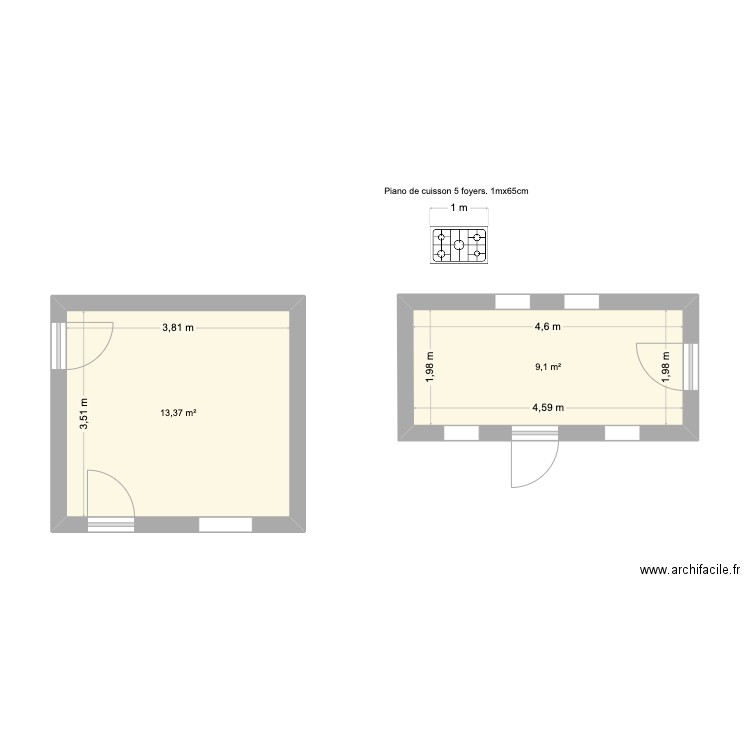 Cuisine Jouy. Plan de 2 pièces et 22 m2