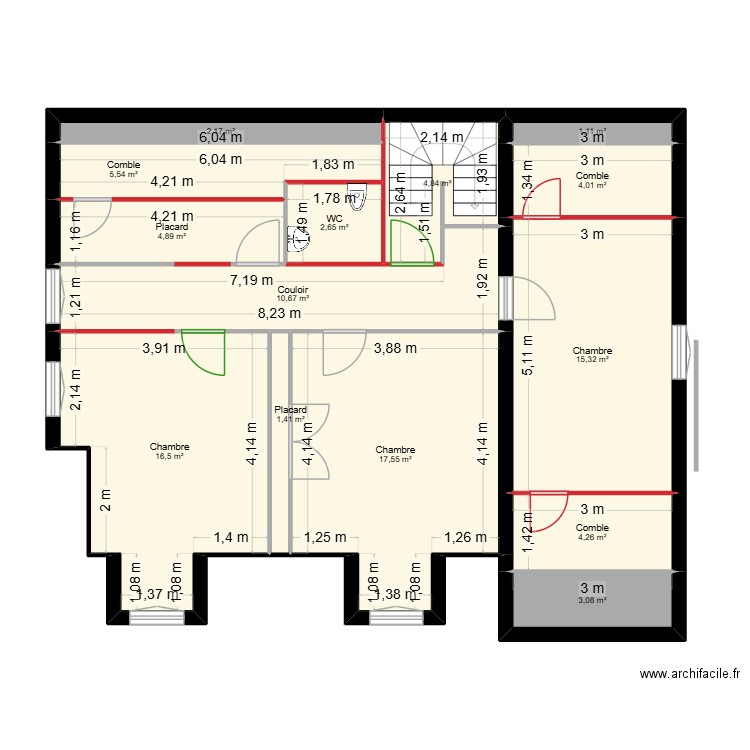 Etage - Démolition. Plan de 14 pièces et 94 m2