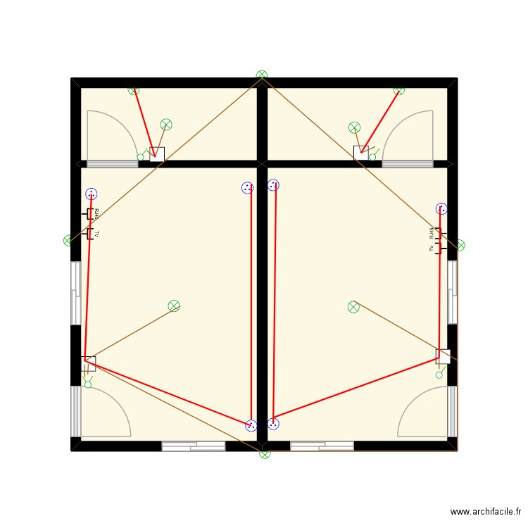 Dortoire unifilaire. Plan de 4 pièces et 32 m2