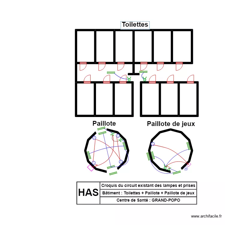 CIRCUIT EXISTANT LAMPES ET PRISES TOILETTES + PAILLOTE + PAILLOTE DE JEUX CSC GRAND-POPO. Plan de 
