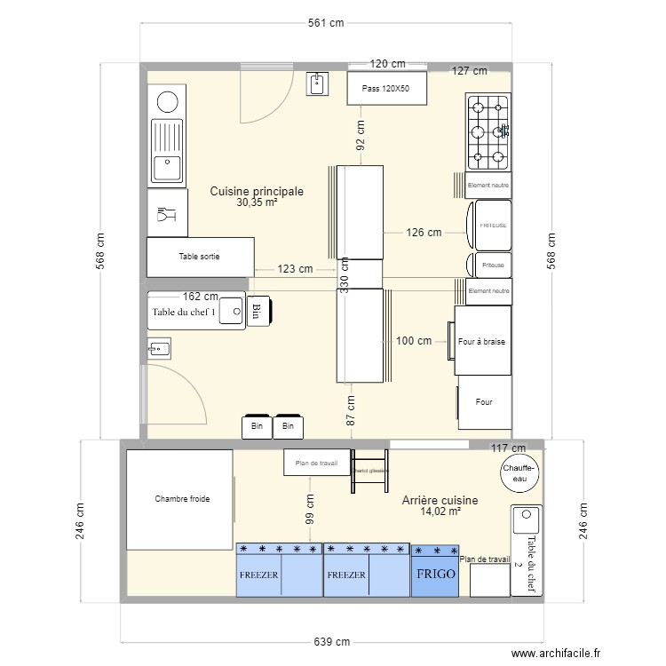 Cuisine V2. Plan de 2 pièces et 44 m2