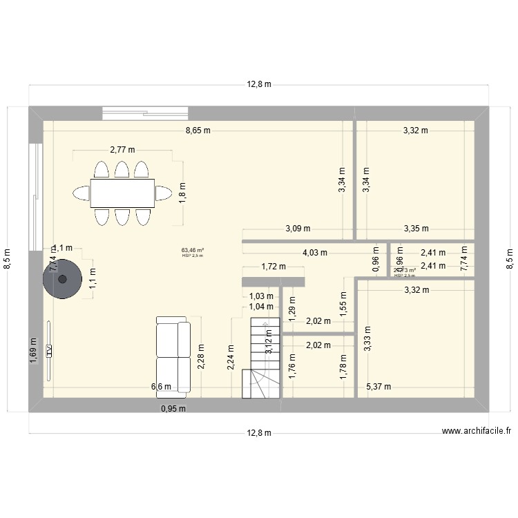 rdc. Plan de 2 pièces et 91 m2