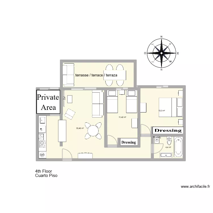 Espagne. Plan de 5 pièces et 75 m²