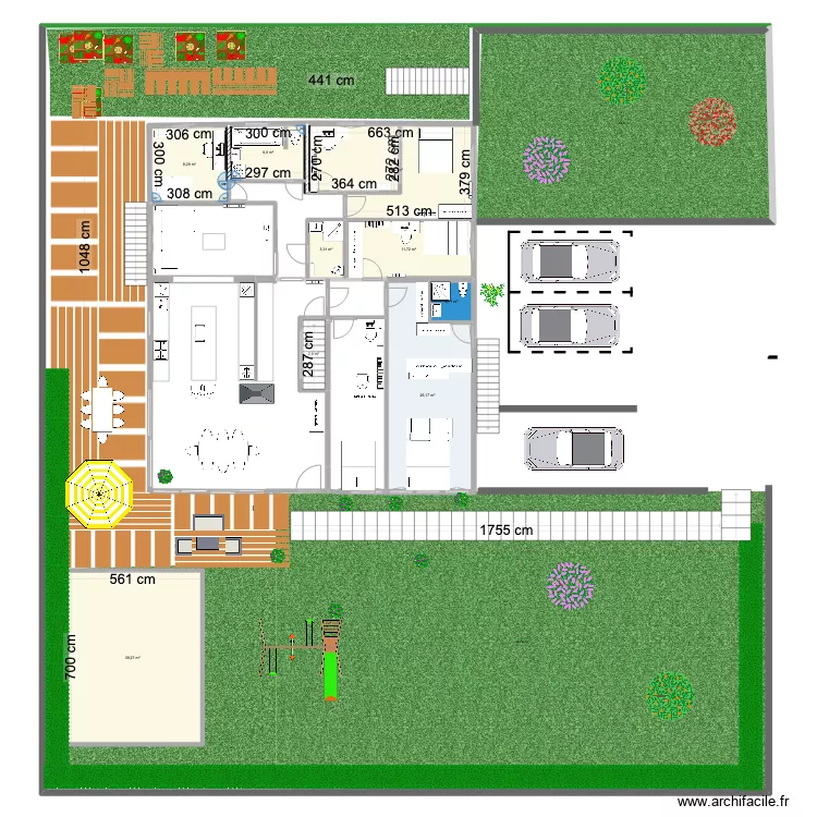 plan h&eacute;singue  version avec jardin cot&eacute; SUD. Plan de 