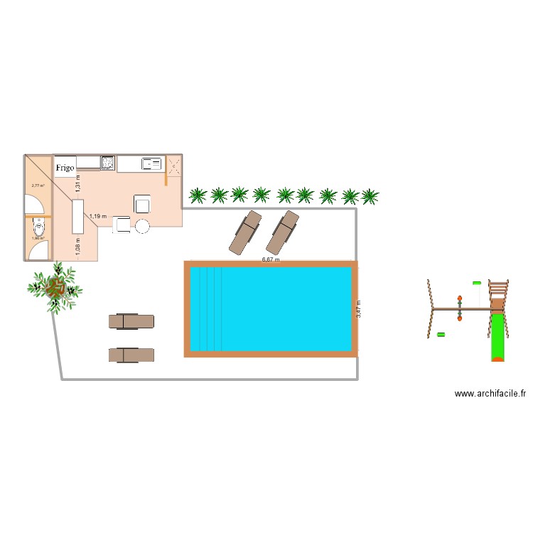 piscine + terrasse + pool house. Plan de 2 pièces et 5 m2