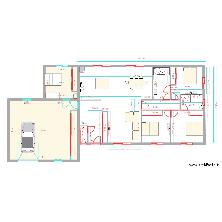 Plan de Bernard N 3. Plan de 2 pièces et 70 m2