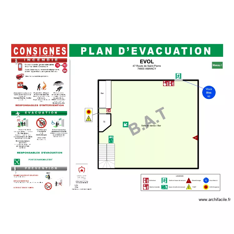 Plan d'&eacute;vacuation Niv 1 EVOL. Plan de 3  et 135 m²