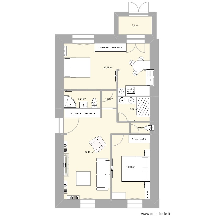 Appartement modifier quer. Plan de 8 pièces et 68 m2