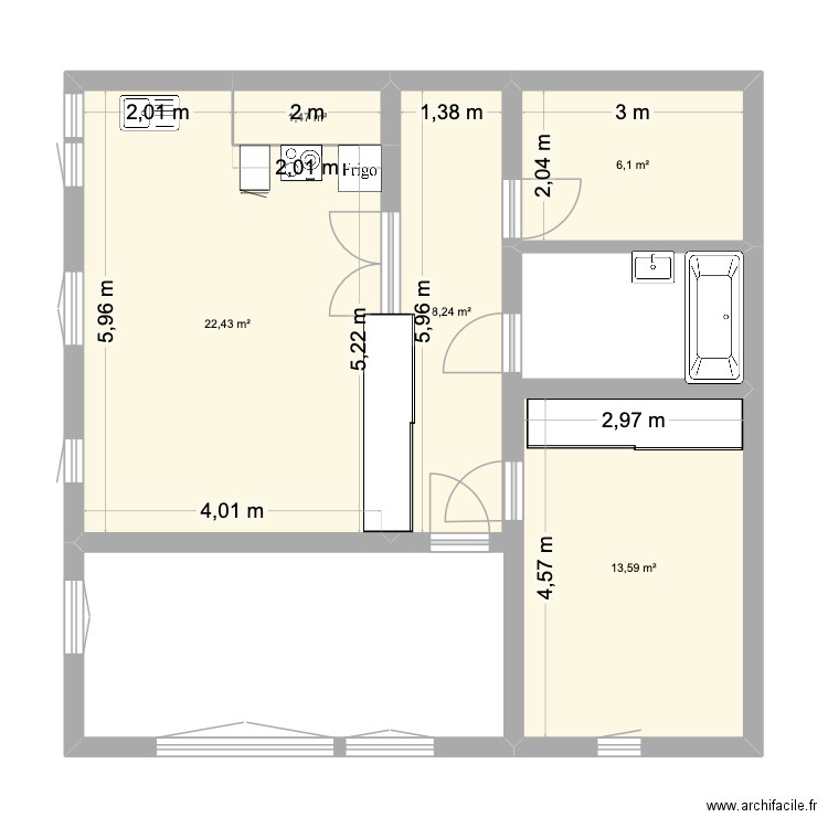 environ. Plan de 5 pièces et 52 m2