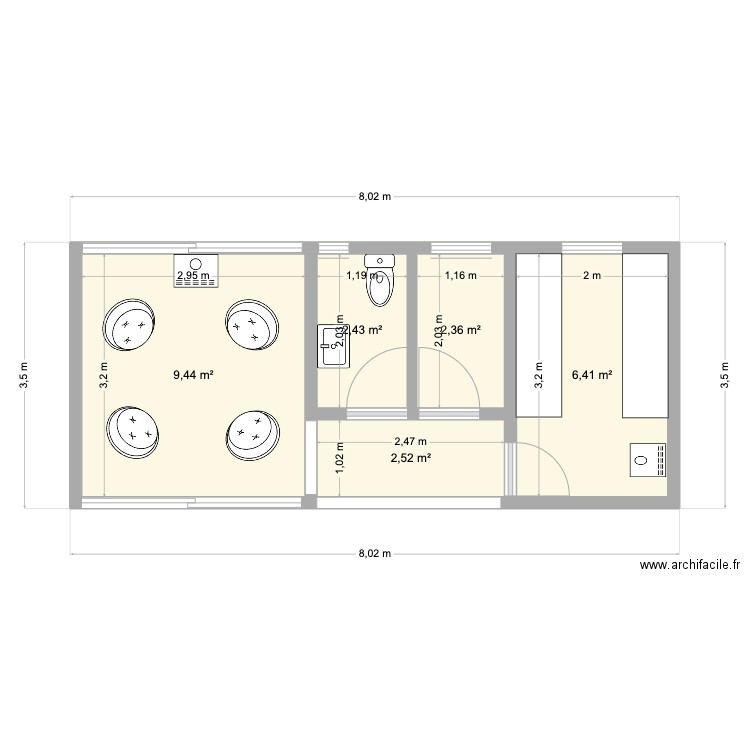 SaunaMeio. Plan de 5 pièces et 23 m2