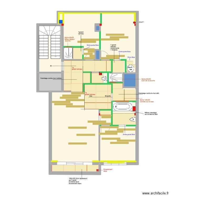 Meerlaan Calpinage Carrelage et bois 100x100. Plan de 15 pièces et 92 m2