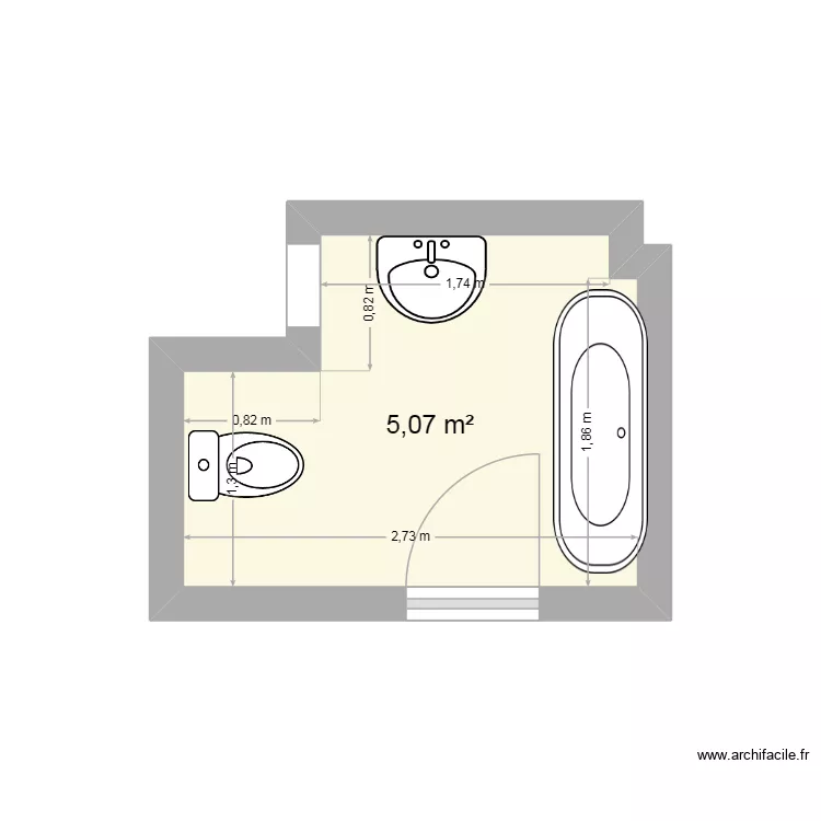 salle de bain. Plan de 1  et 5 m²