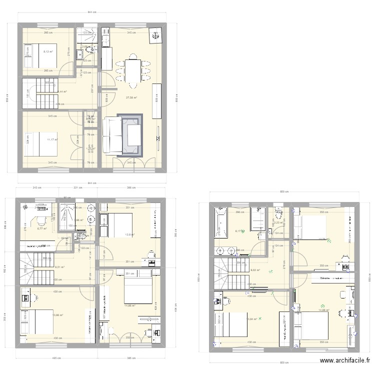 étage avant et après. Plan de 19 pièces et 182 m2
