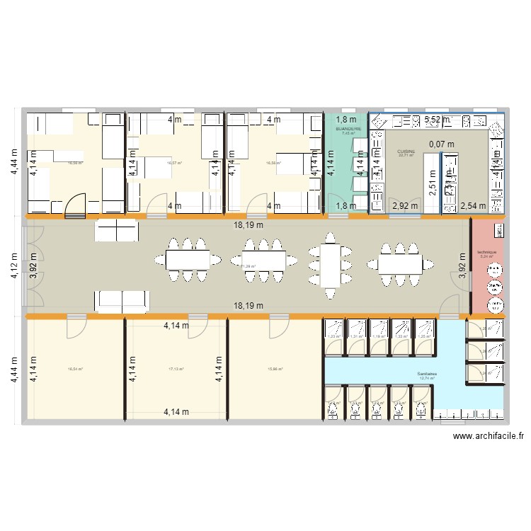 distribution logement saisonniers . Plan de 24 pièces et 234 m2