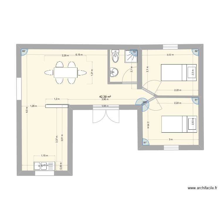 cjms2. Plan de 1 pièce et 42 m2