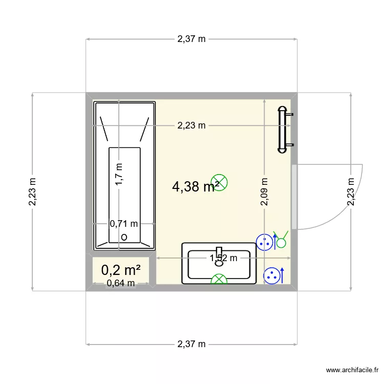 sdb. Plan de 2 pièces et 5 m²