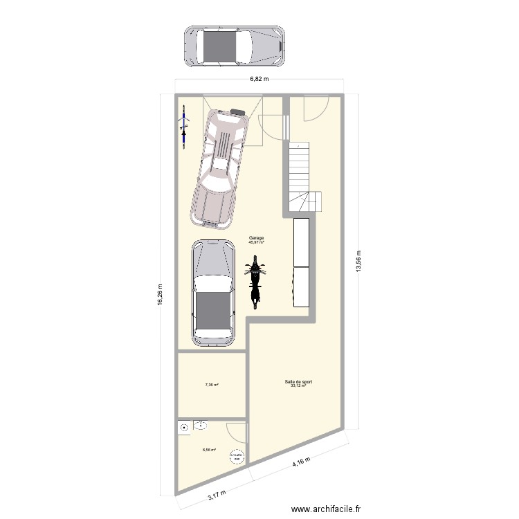 Plan Maison + garage + grande terrasse. Plan de 5 pièces et 93 m2