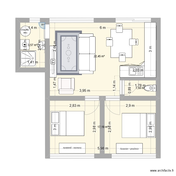 St Cécile. Plan de 4 pièces et 45 m2