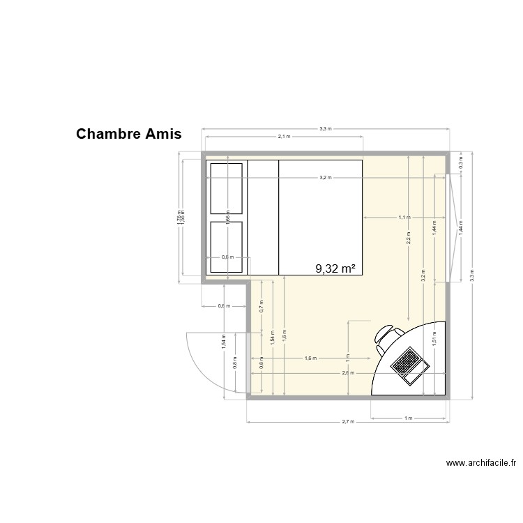 Bureau. Plan de 1 pièce et 9 m2