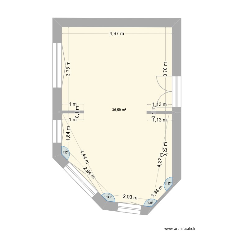 piece salon cuisine. Plan de 1 pièce et 37 m2