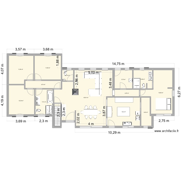 maiso. Plan de 14 pièces et 148 m2