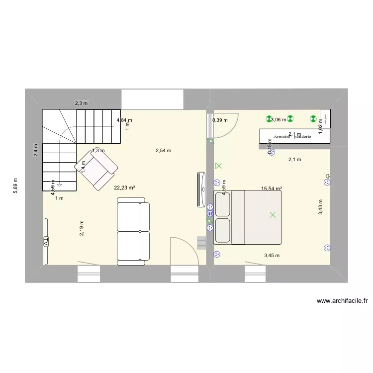 rez de chauss&eacute;. Plan de 2 Pièces et 38 m²