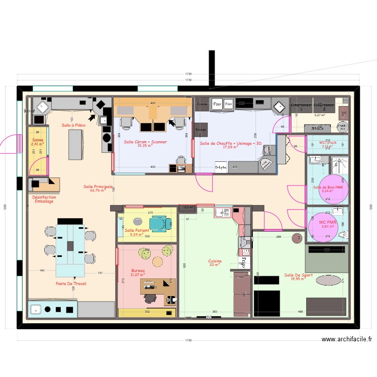 Labo 2 -Mobilier + Machines. Plan de 14 pièces et 372 m2