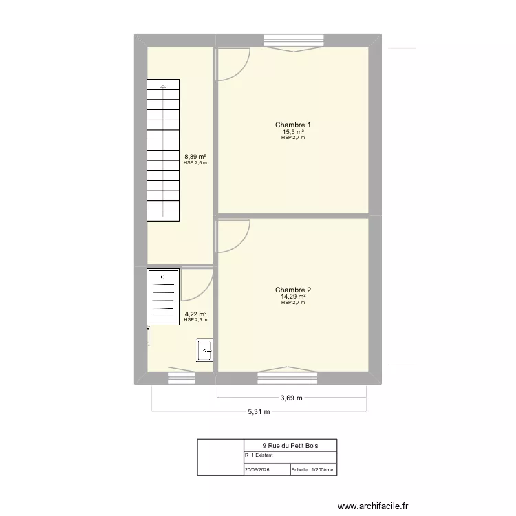 Petit Bois / R+1- Existant. Plan de 4  et 43 m²